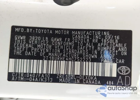 2017 Toyota Corolla L z USA, uszkodzony, nr VIN 2T1BURHE4HC752223
